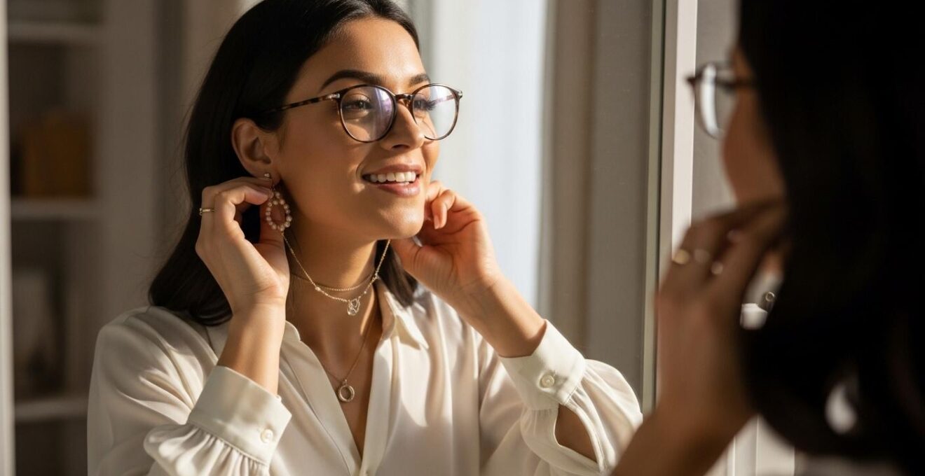 Une photo réaliste mettant en scène une femme élégante ajustant ses accessoires avec soin pour sublimer sa tenue
