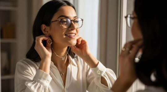 Une photo réaliste mettant en scène une femme élégante ajustant ses accessoires avec soin pour sublimer sa tenue