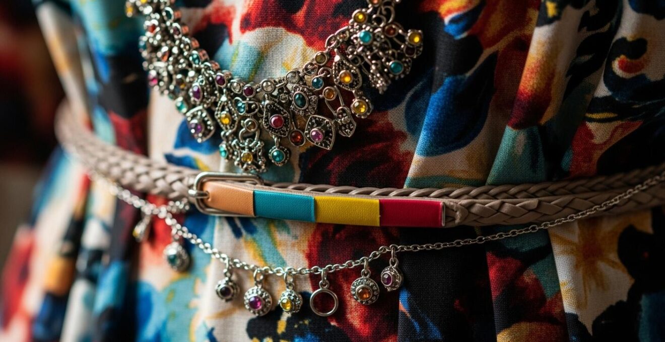 Détail d'une tenue à motifs avec accessoires sobres et harmonieux en couleurs neutres