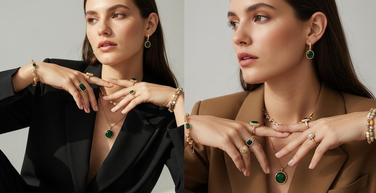 Photographie réaliste montrant une femme élégante portant des bijoux assortis avec différentes tenues colorées