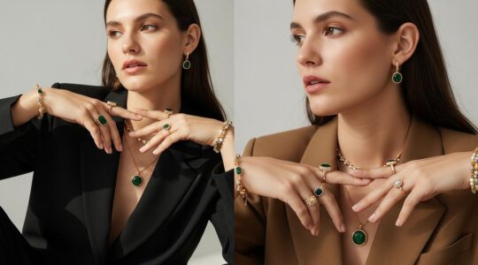 Photographie réaliste montrant une femme élégante portant des bijoux assortis avec différentes tenues colorées