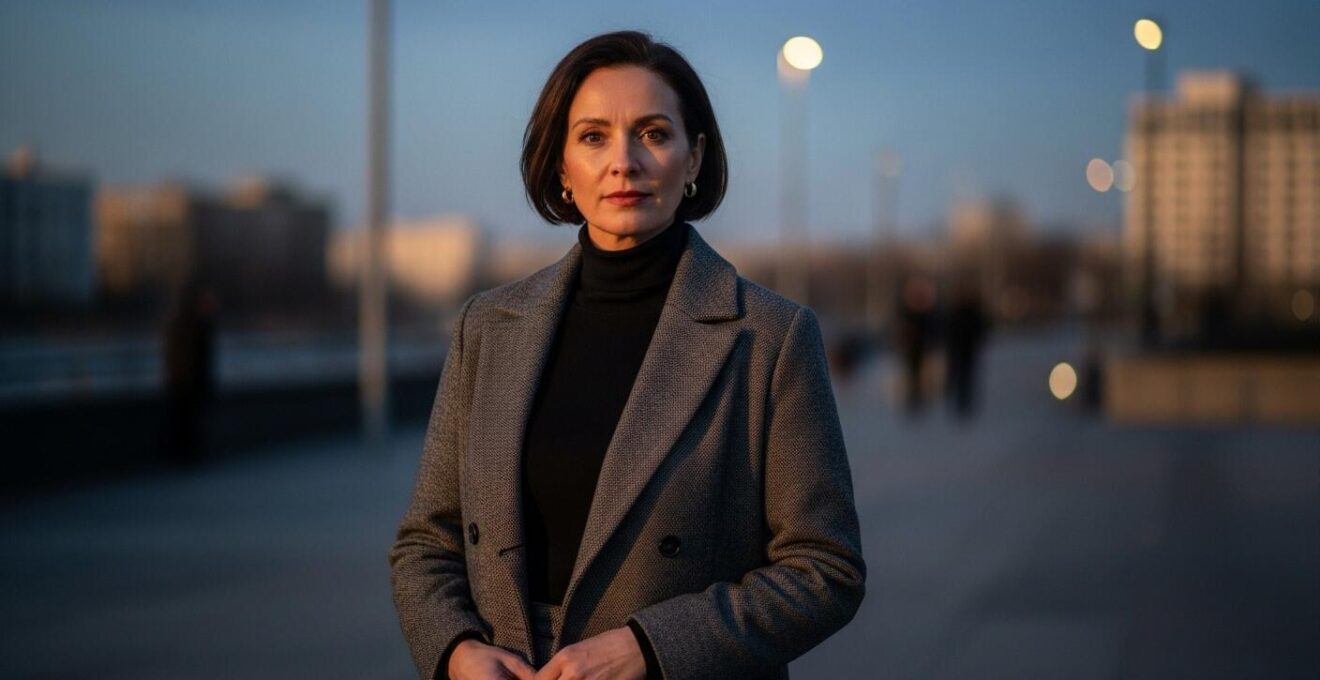 Portrait réaliste d'une femme élégante avec une tenue monochrome sophistiquée dans un décor urbain chic