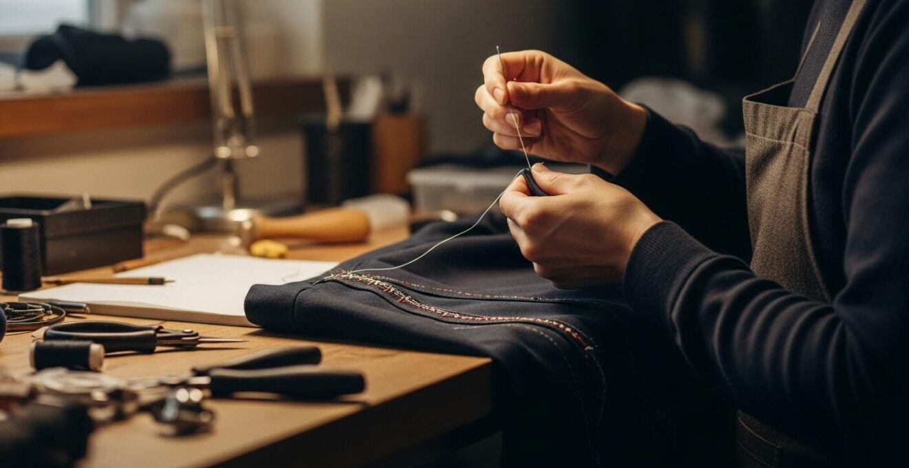 Artisan en train de personnaliser un vêtement avec des outils traditionnels dans un atelier lumineux.