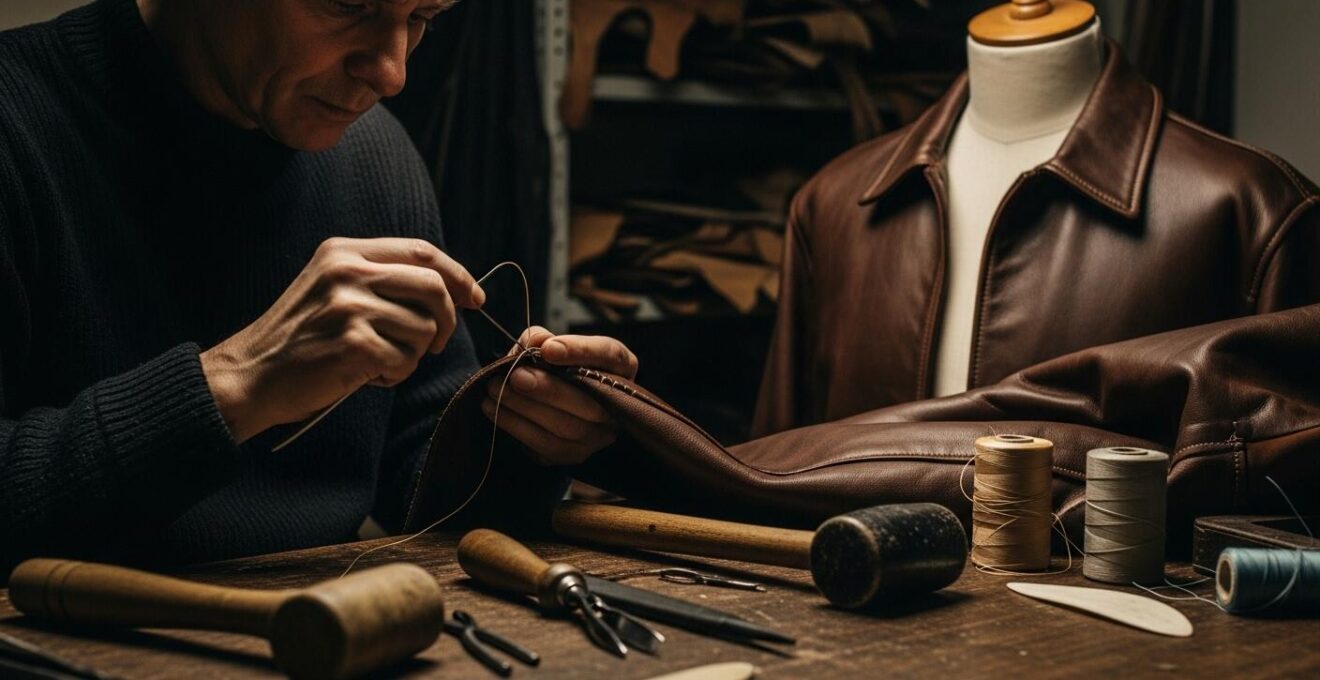 Un tailleur textile réalise des retouches sur un vêtement classique pour le moderniser.