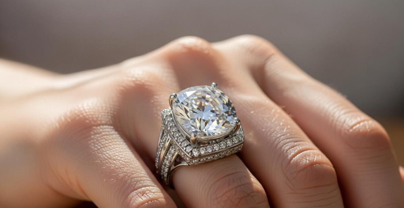 Gros plan sur une main féminine portant une bague XXL éclatante sous une lumière naturelle
