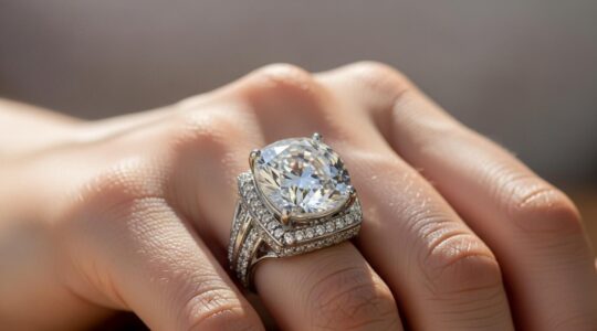 Gros plan sur une main féminine portant une bague XXL éclatante sous une lumière naturelle