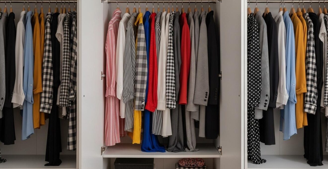 Composition vibrante d'une garde-robe colorée avec divers motifs rayures, pois et carreaux, évoquant créativité et cohérence dans la mode.