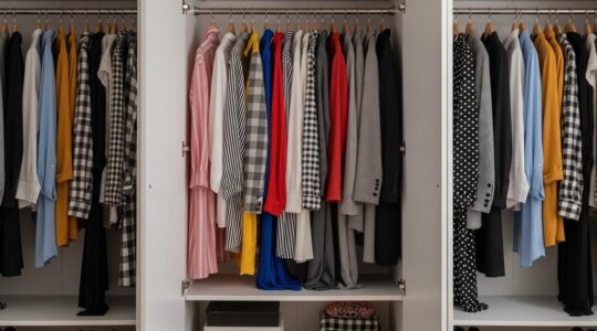 Composition vibrante d'une garde-robe colorée avec divers motifs rayures, pois et carreaux, évoquant créativité et cohérence dans la mode.