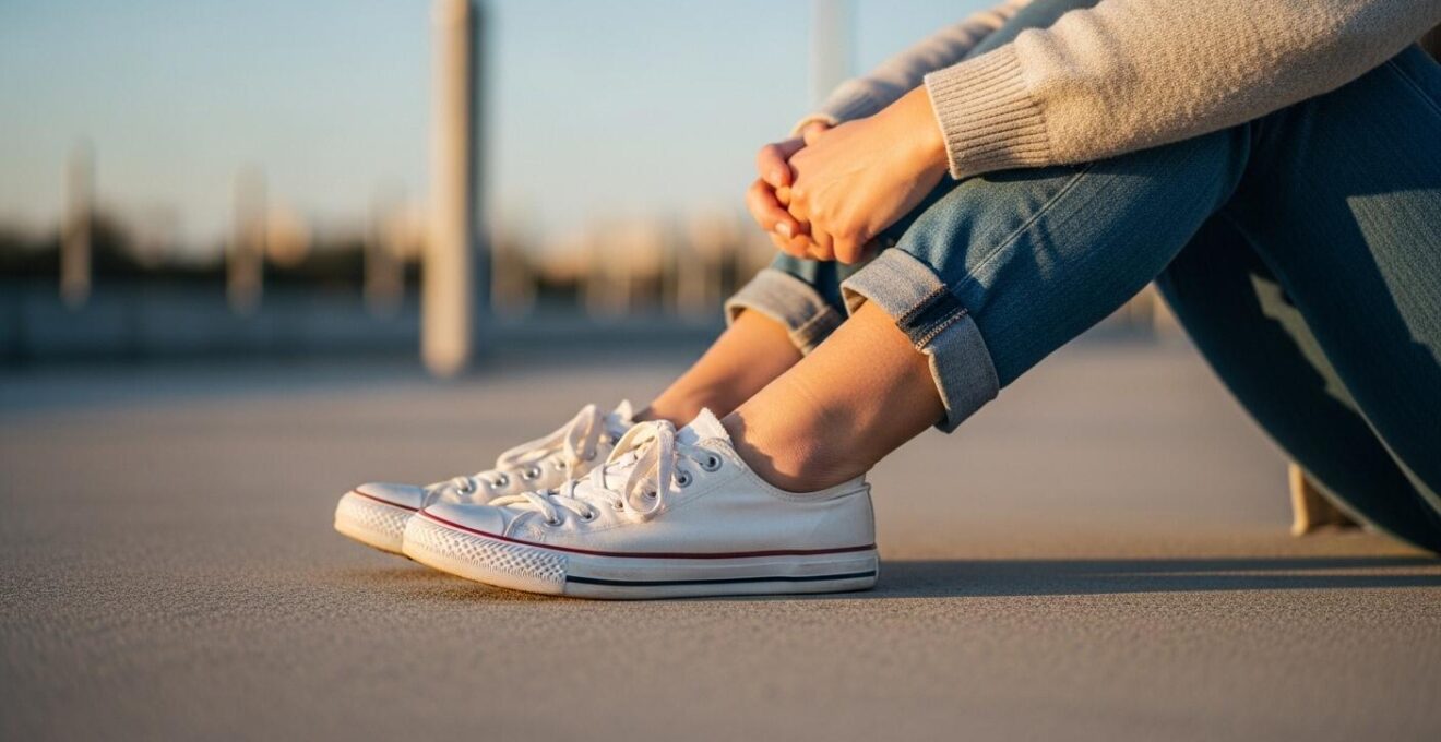 Vue réaliste d'une paire de baskets en toile blanche posée sur un tapis urbain en béton avec un jean casual retroussé visible