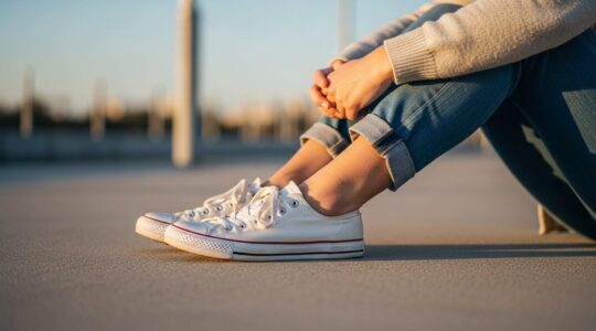 Vue réaliste d'une paire de baskets en toile blanche posée sur un tapis urbain en béton avec un jean casual retroussé visible