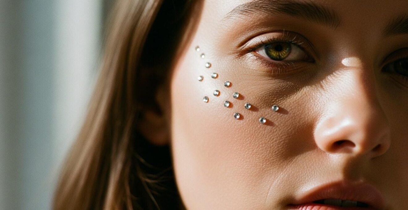 Visage de femme partiellement visible orné de strass délicats sur la peau avec une lumière naturelle valorisante.
