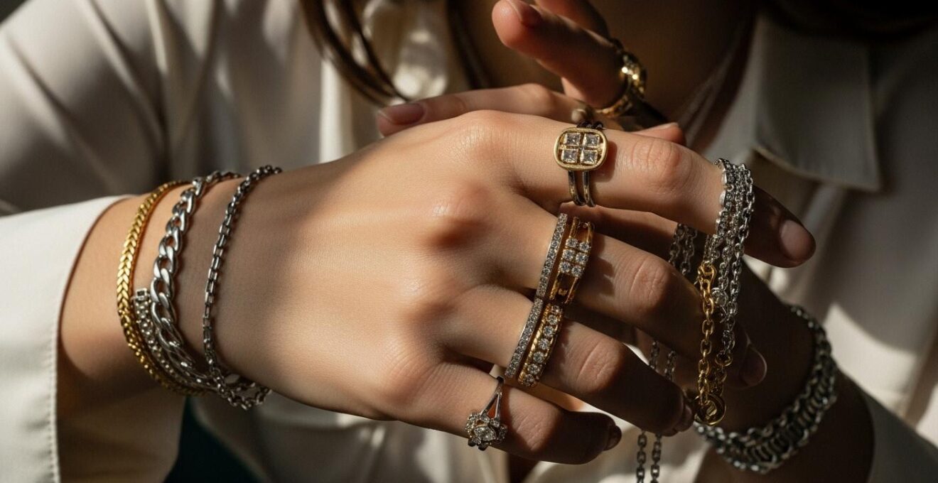 Photographie d'une main portant plusieurs bijoux symboliques racontant une histoire personnelle