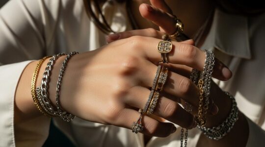 Photographie d'une main portant plusieurs bijoux symboliques racontant une histoire personnelle