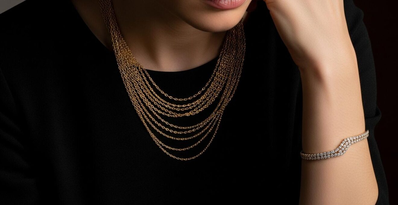 Détail d'une tenue de soirée avec bijoux intégrés et accessoires glamour.