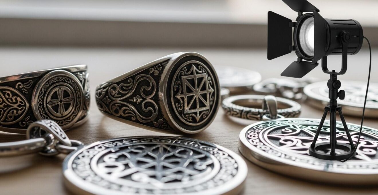 Gros plan sur des bijoux symboliques avec des motifs détaillés en gros plan