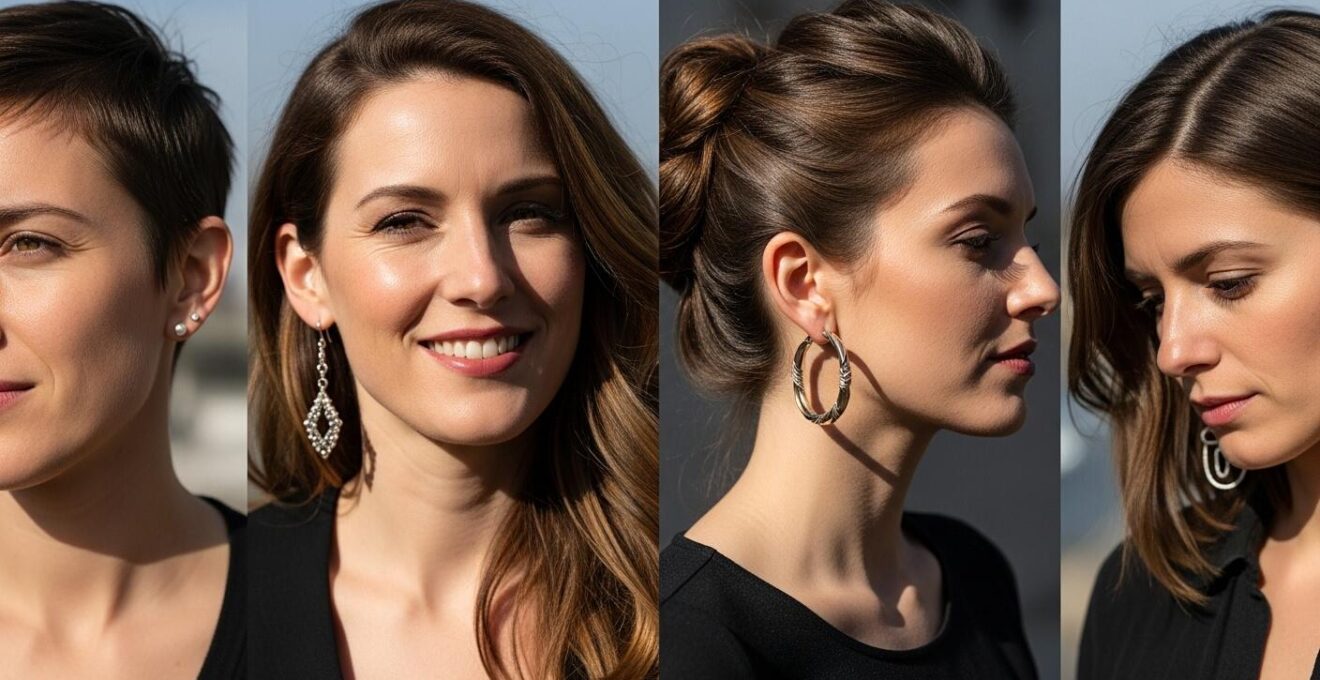 Photographie en lumière naturelle montrant différents styles de boucles d’oreilles portés selon les coiffures