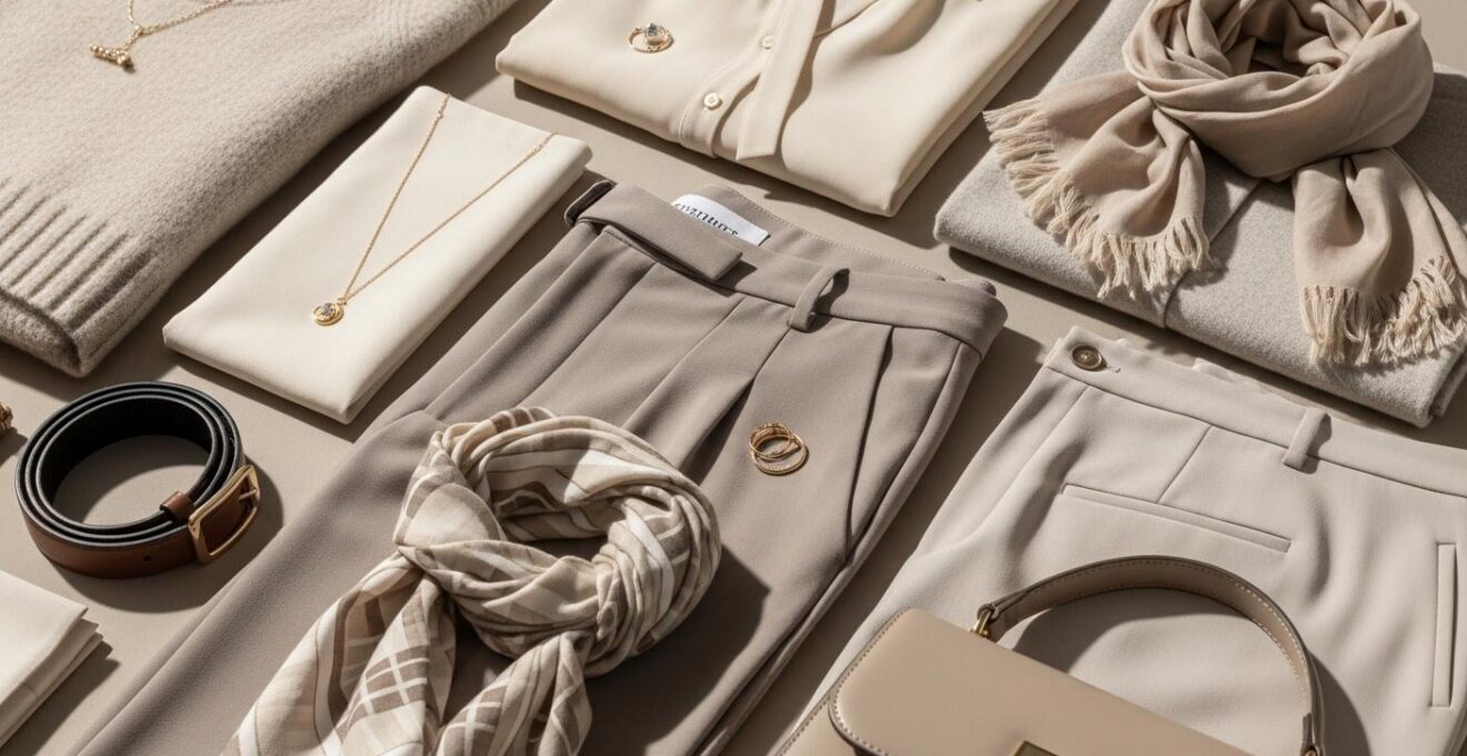 Détail macro de vêtements soigneusement assemblés en tenues variées selon la règle des tiers