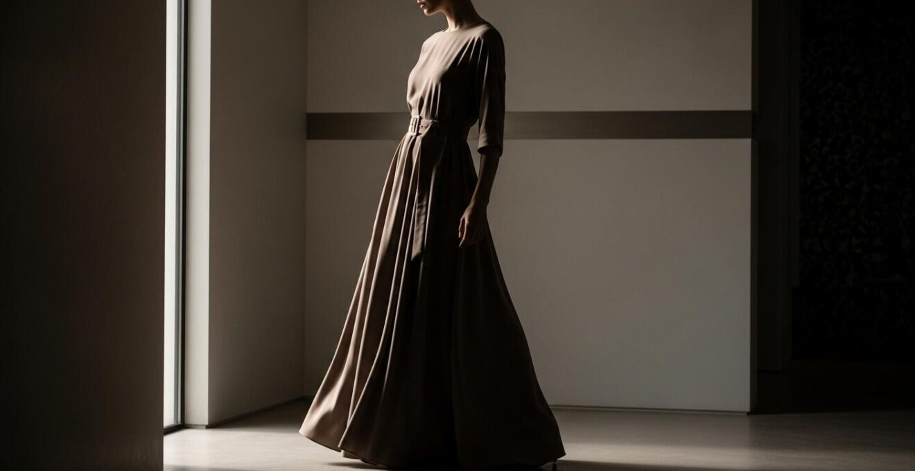 Une silhouette féminine mise en valeur par une ceinture élégante ajustée sur une robe fluide