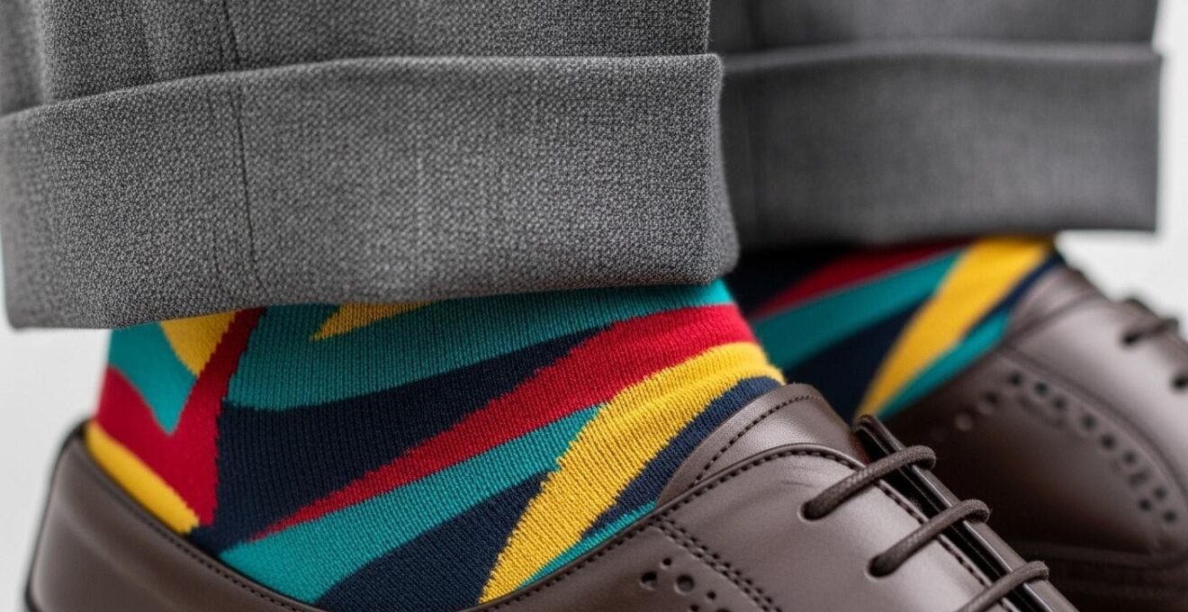 Détail macro sur des chevilles masculines en costume, chaussettes colorées visibles entre le pantalon et la chaussure.