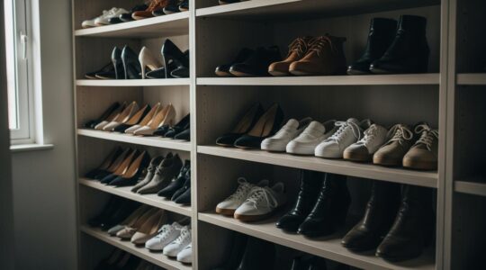 Photographie réaliste mettant en scène plusieurs paires de chaussures élégantes et variées alignées dans un dressing moderne, avec une lumière naturelle chaleureuse.
