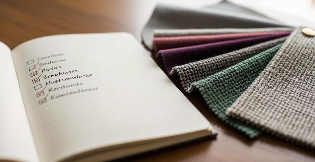 Un carnet ouvert avec une checklist manuscrite et des échantillons de tissus de qualité à côté.