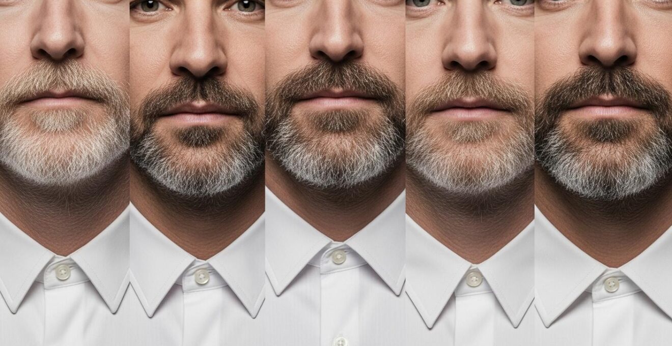 Mosaïque de silhouettes de visages masculin avec différents styles de cols associés.