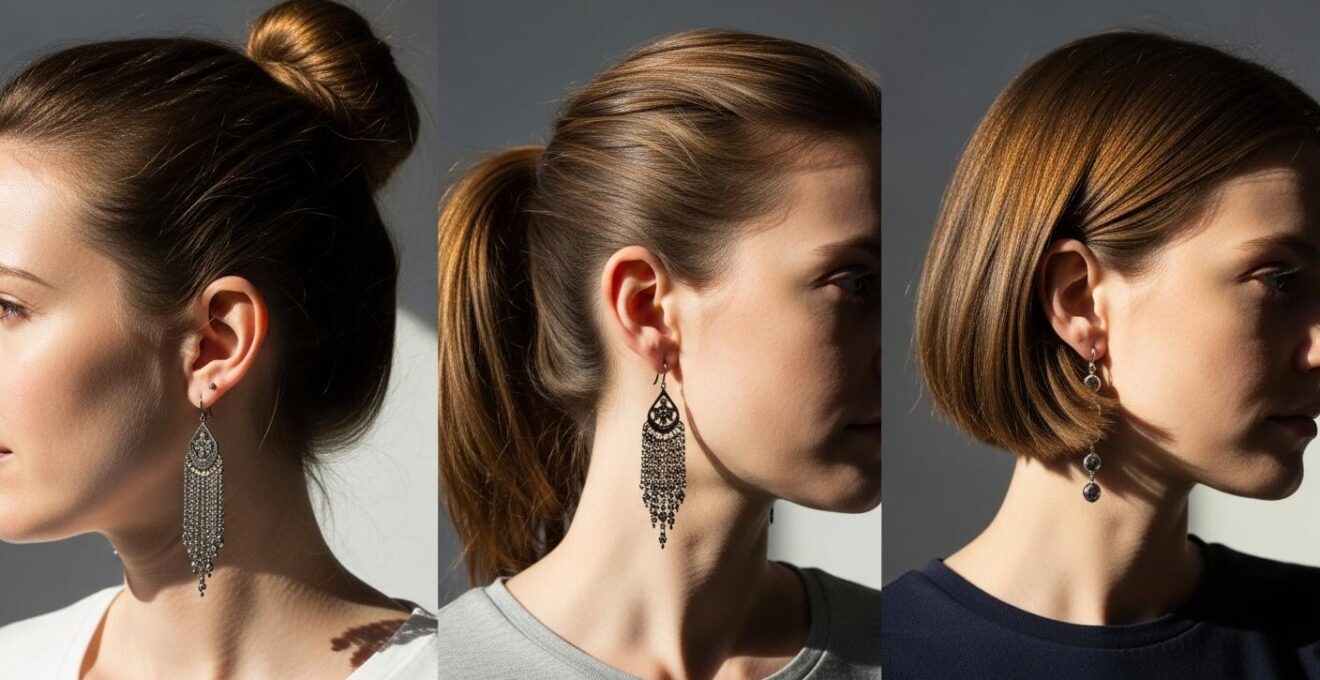 Femme avec trois styles de coiffure mettant en valeur des boucles d'oreilles pendantes.