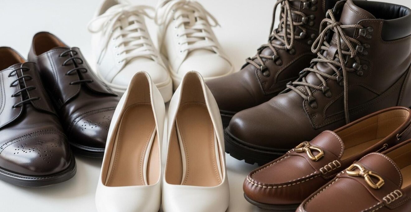 Photo réaliste de cinq paires de chaussures différentes (baskets, mocassins, boots, escarpins, sandales) disposées sur un fond neutre, éclairage naturel.