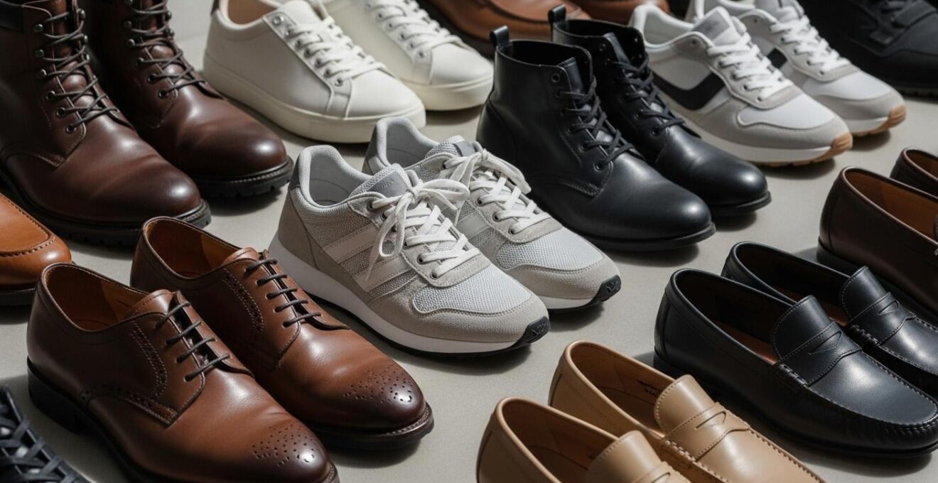Différents modèles de chaussures pour homme posées élégamment sur un fond neutre