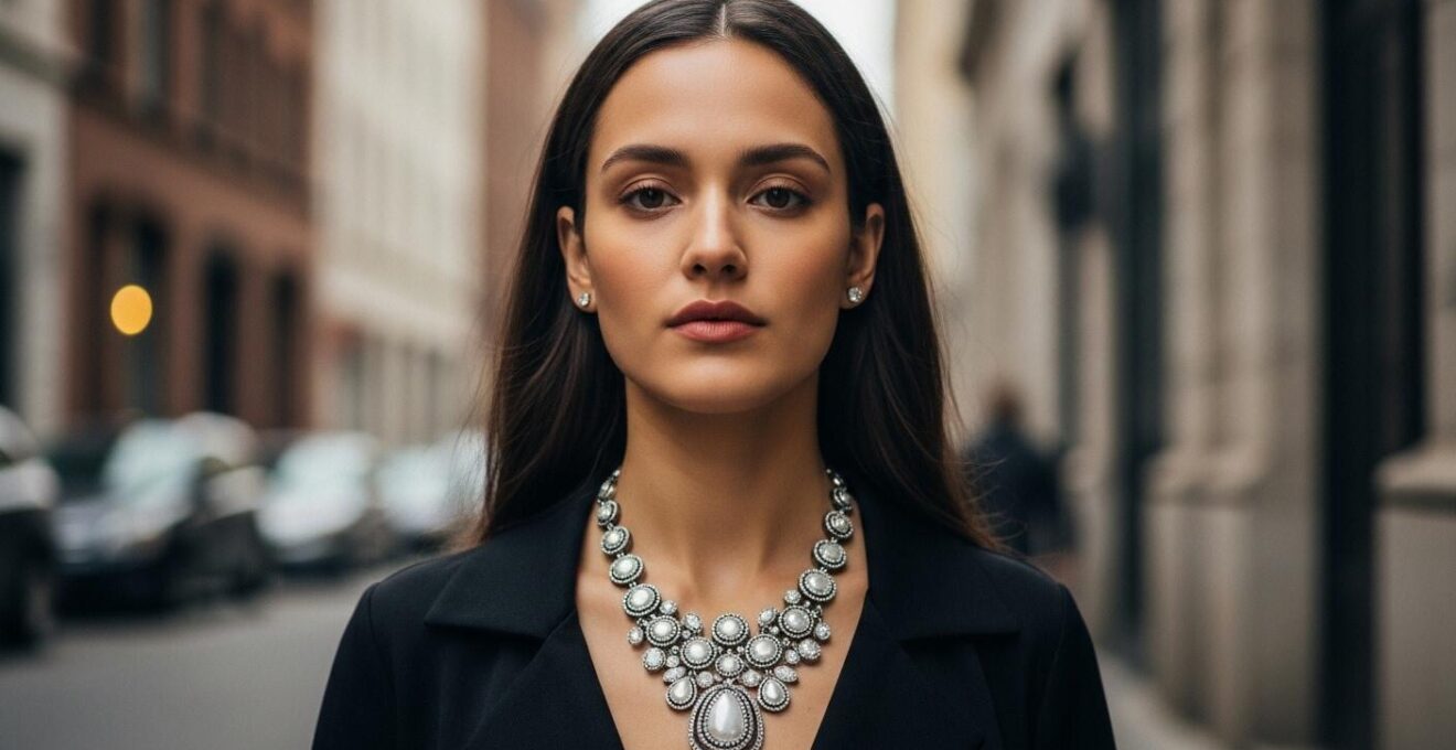 Une femme élégante portant un collier comme pièce maîtresse d'un look fashion distinctif