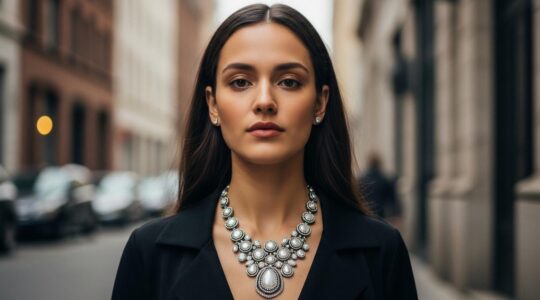 Une femme élégante portant un collier comme pièce maîtresse d'un look fashion distinctif