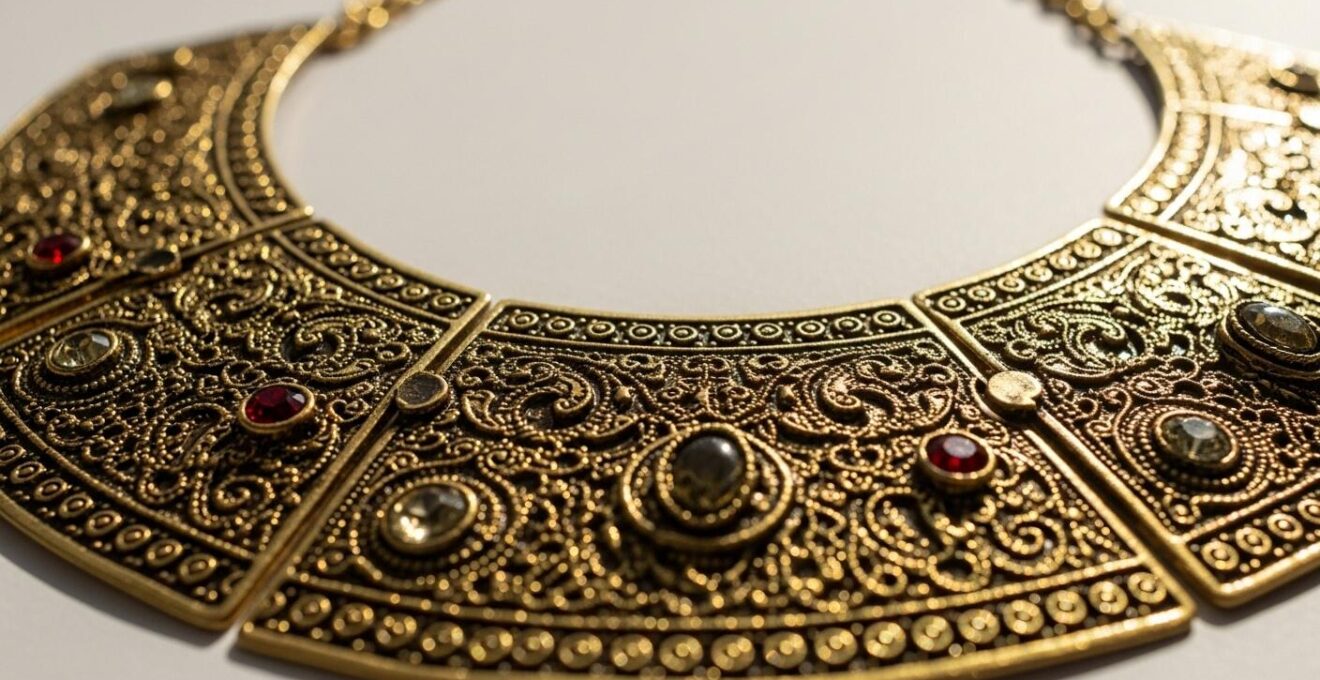 Gros plan sur un collier plastron en métal doré avec motifs détaillés