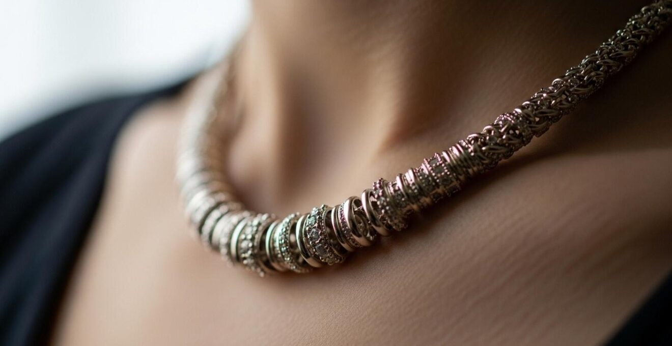 Collier sautoir long porté sur une femme, soulignant l'allongement de la silhouette