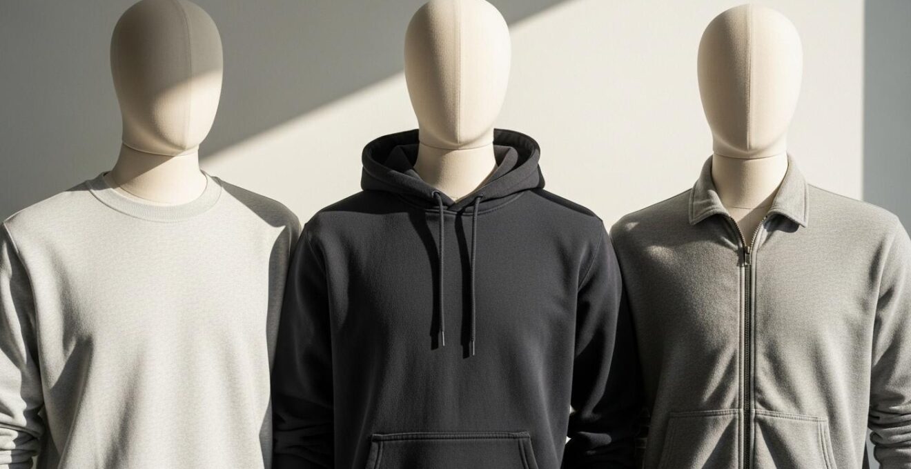 Différents modèles de sweat-shirts : col rond, à capuche et zippé en présentation côte à côte.