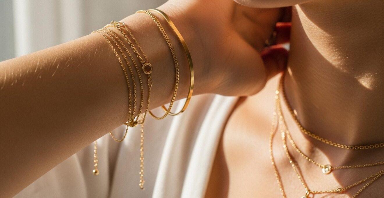 Vue rapprochée d’un poignet et d’un cou superposant plusieurs bijoux fins avec différentes longueurs et textures harmonieuses.