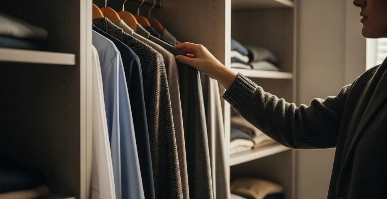 Photographie représentant une personne choisissant des vêtements élégants dans une garde-robe bien organisée, symbolisant un investissement réfléchi en mode.