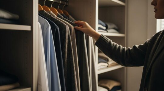 Photographie représentant une personne choisissant des vêtements élégants dans une garde-robe bien organisée, symbolisant un investissement réfléchi en mode.