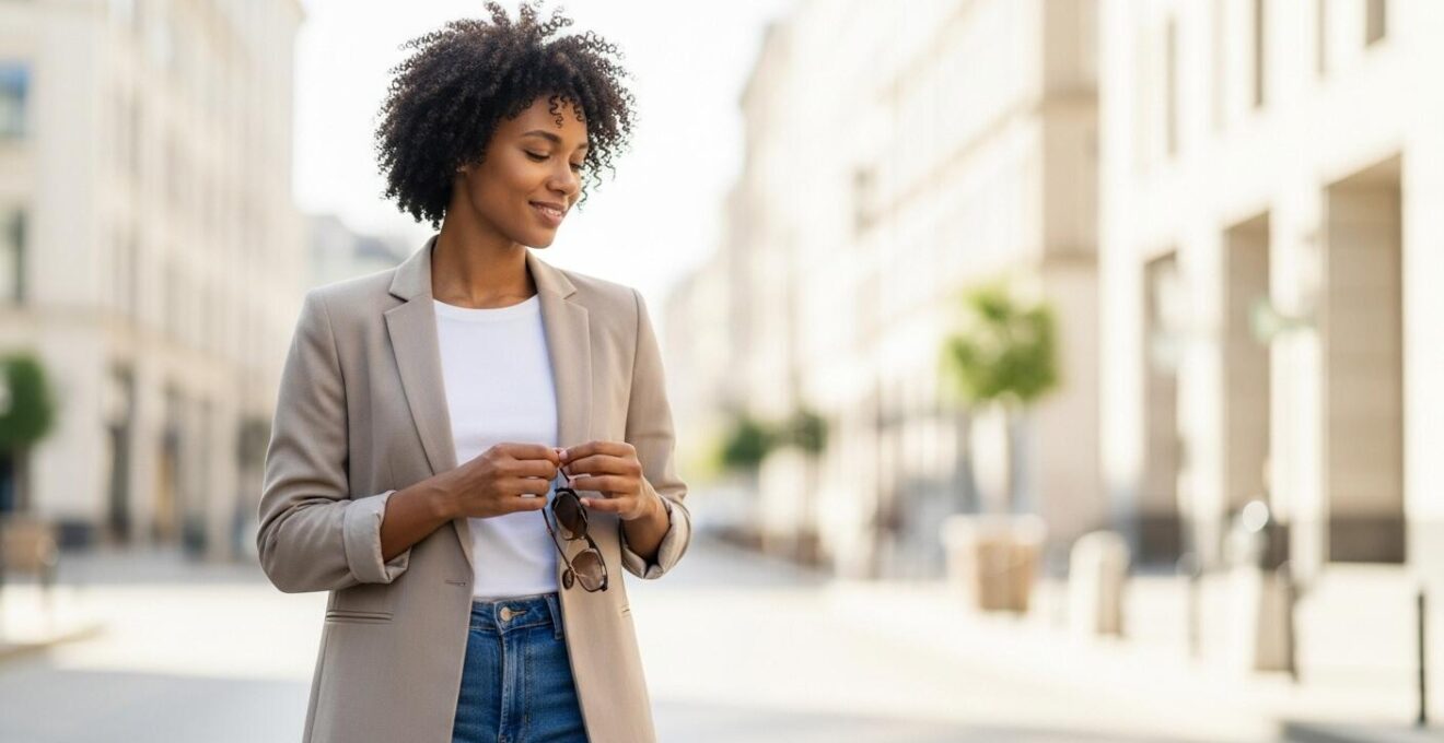 Personne élégante en tenue décontractée-chic dans un cadre urbain lumineux