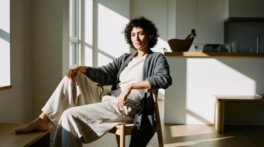 Personne élégante vêtue de vêtements confortables et stylés dans un environnement lumineux et relaxant