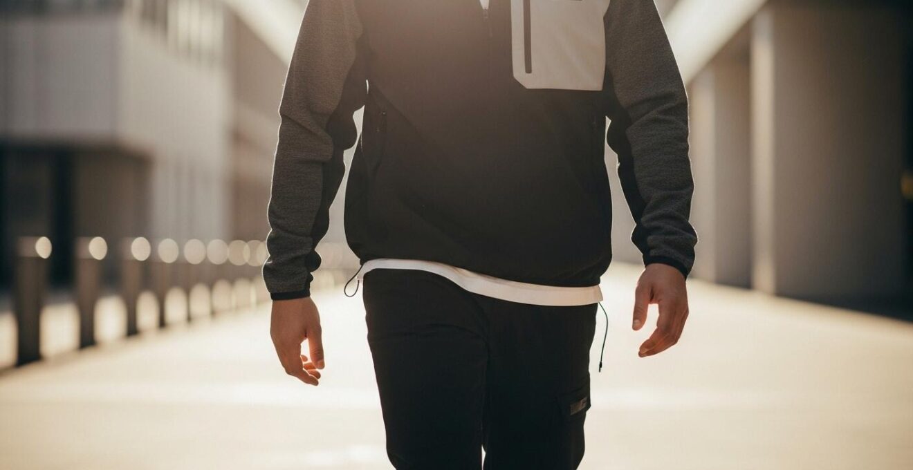 Personne sportive en tenue sportswear moderne dans un environnement urbain avec lumière naturelle mettant en valeur confort et technicité