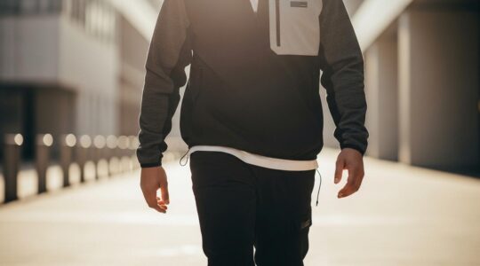Personne sportive en tenue sportswear moderne dans un environnement urbain avec lumière naturelle mettant en valeur confort et technicité