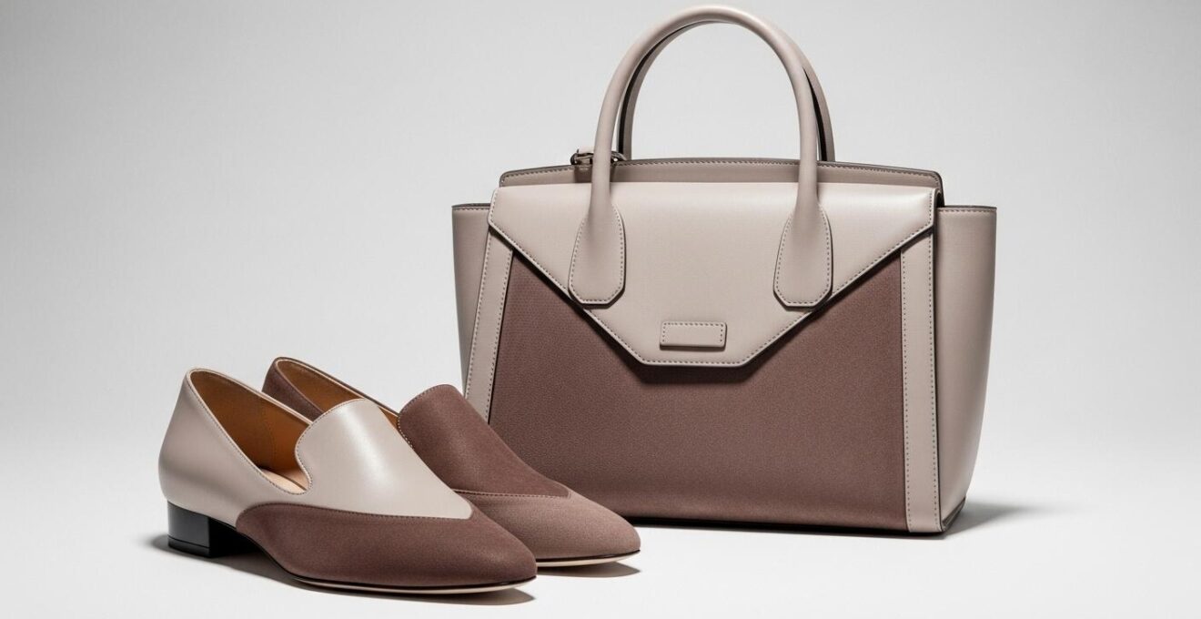 Composition environnementale mettant en scène un sac à main élégant et des chaussures assorties sur une surface minimaliste lumineuse.