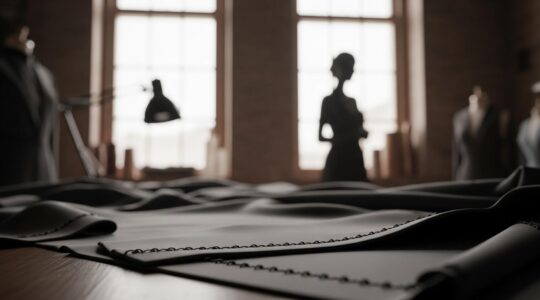 Photographie réaliste d'un vêtement en cours de confection montrant une couture parfaite et une silhouette féminine en arrière-plan