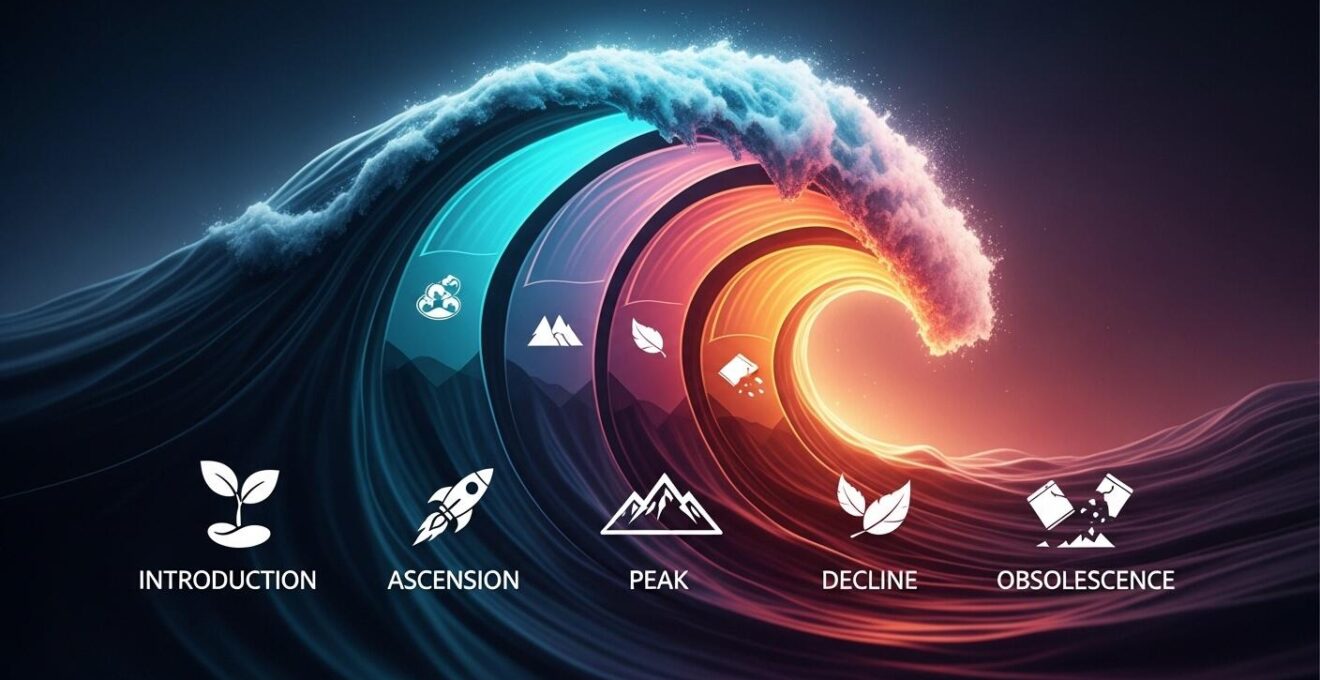 Représentation visuelle du cycle de vie d'une tendance de mode en cinq phases