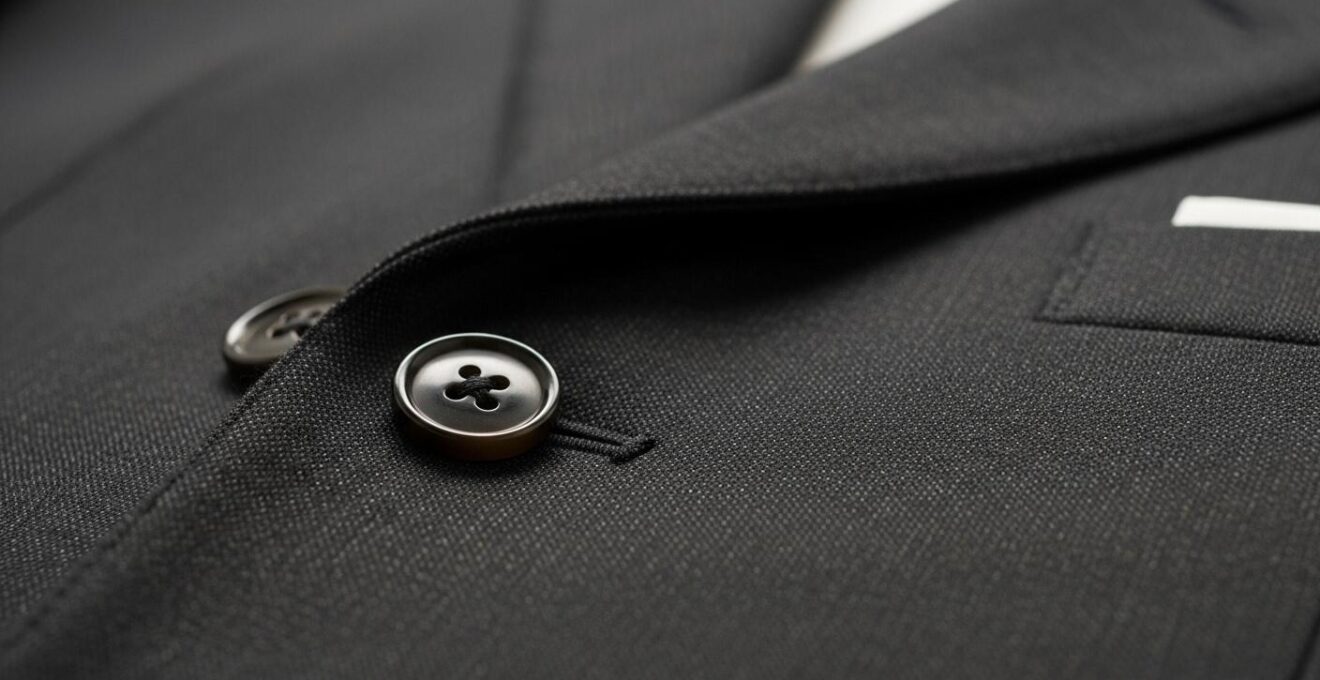 Gros plan sur les détails d'un costume masculin parfaitement ajusté, boutons, revers et tissu.