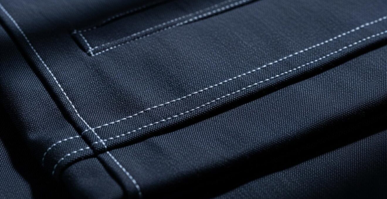 Gros plan sur les finitions et coutures d’un pantalon de haute qualité