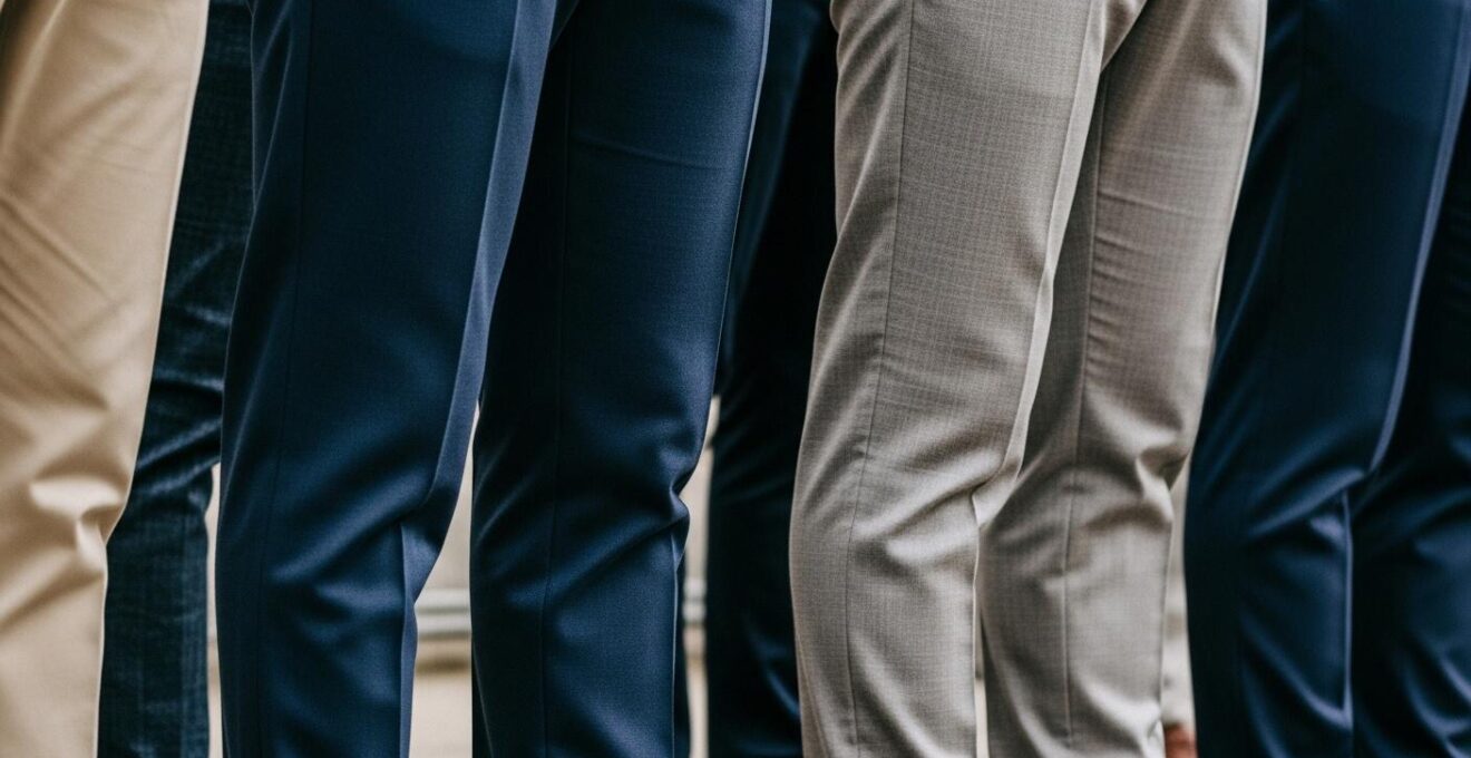 Portraits détaillés montrant différentes coupes de pantalons hommes (droit, slim, fuselé)
