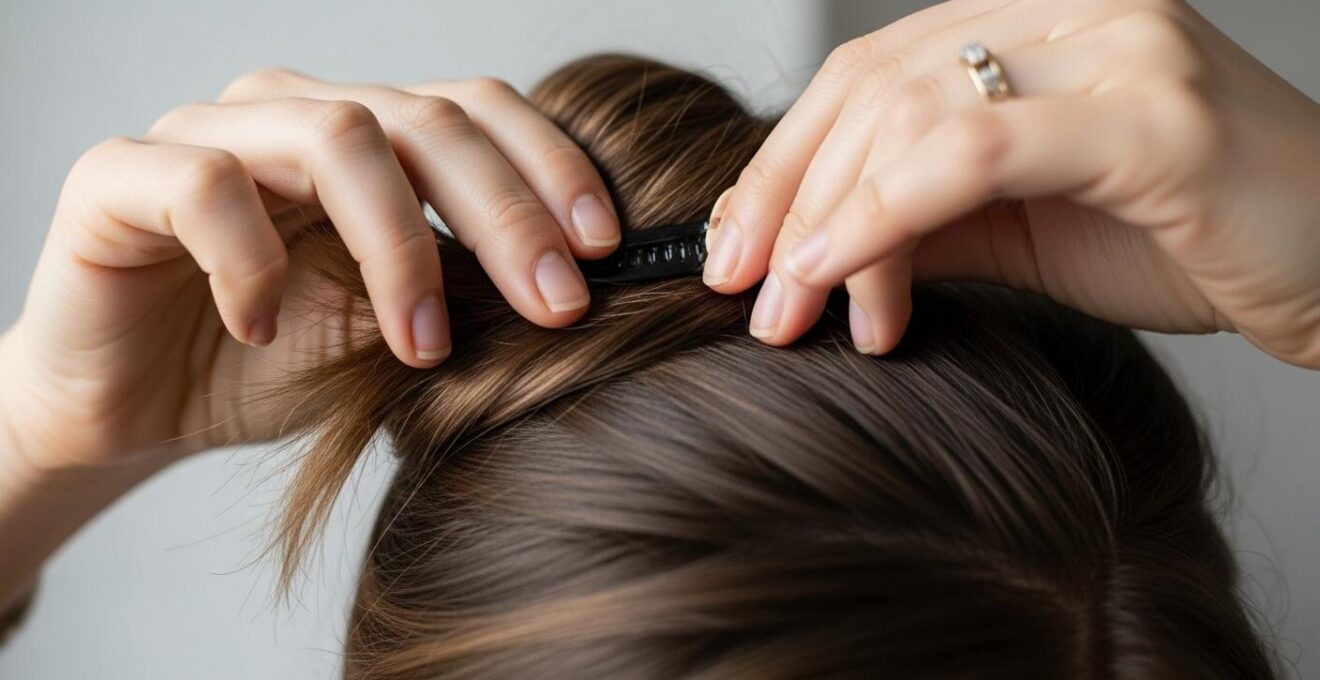 Gros plan sur des mains réalisant une coiffure simple avec un accessoire sur cheveux longs.