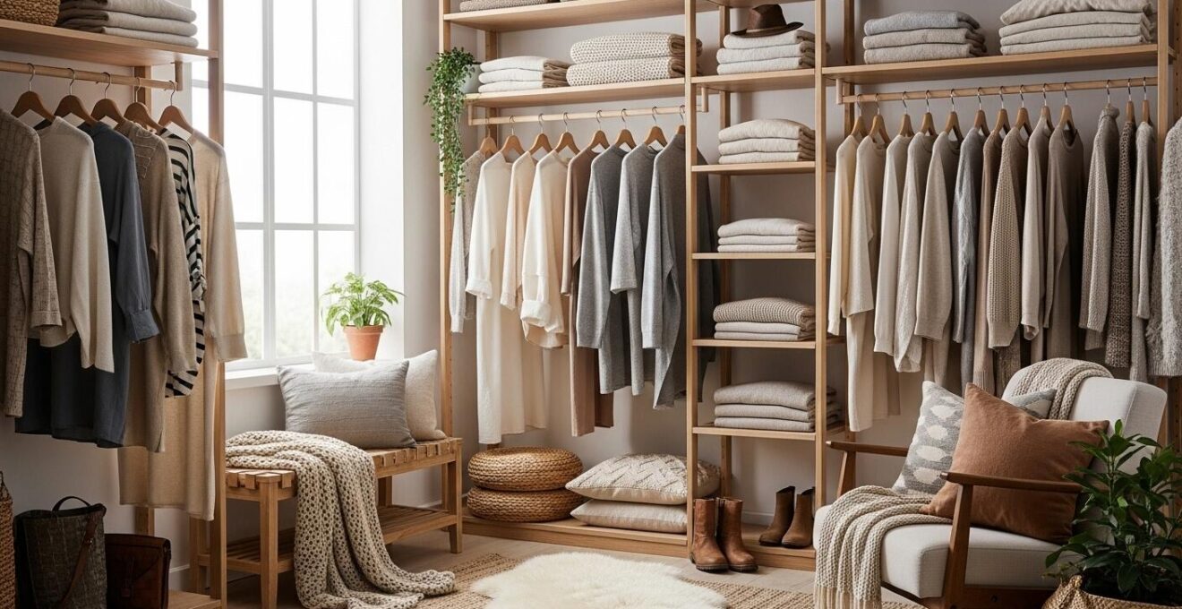 Dressing minimaliste avec vêtements aux textures douces et couleurs neutres, ambiance cosy