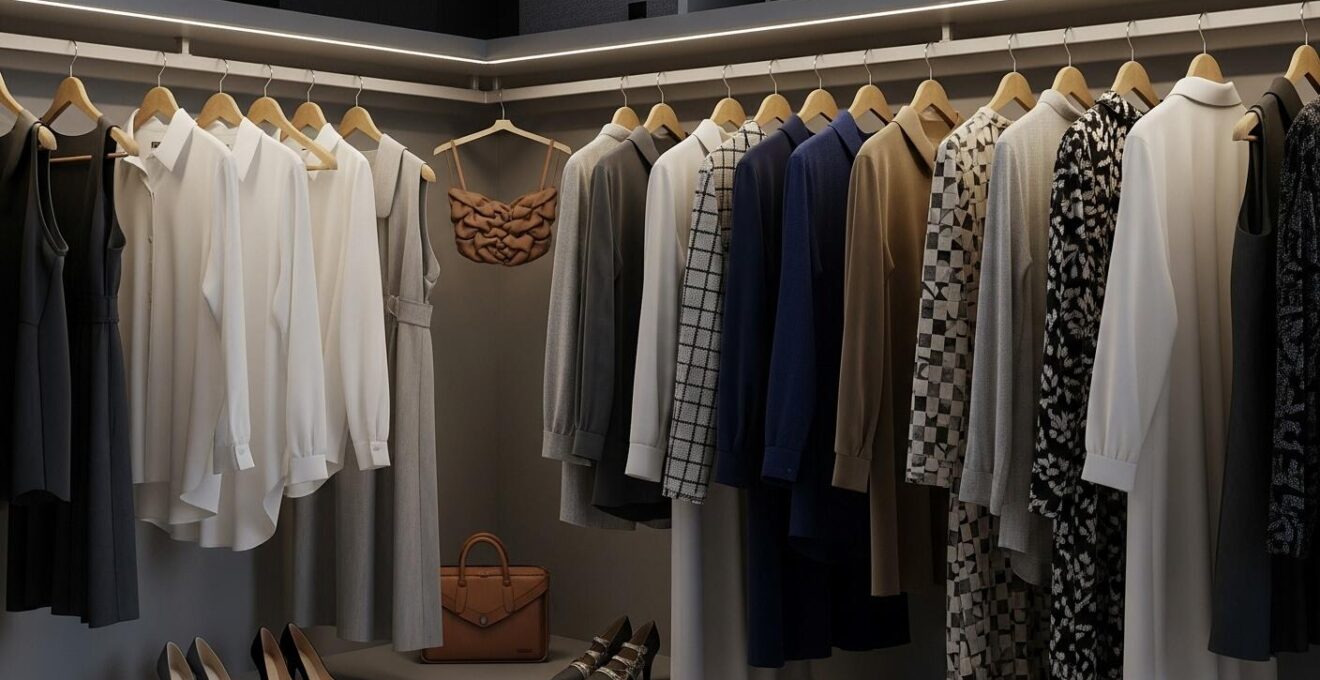 Vue d'ensemble d'un dressing organisé avec des vêtements basiques et pièces fortes, montrant l'équilibre stylé et fonctionnel